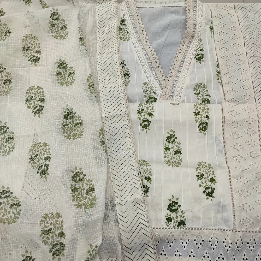 CODE FB252708: Half white GREEN block printed premium cotton unstitched salwar material collared v neck with real