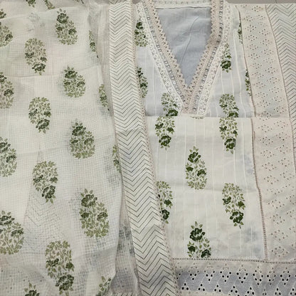 CODE FB252708: Half white GREEN block printed premium cotton unstitched salwar material collared v neck with real