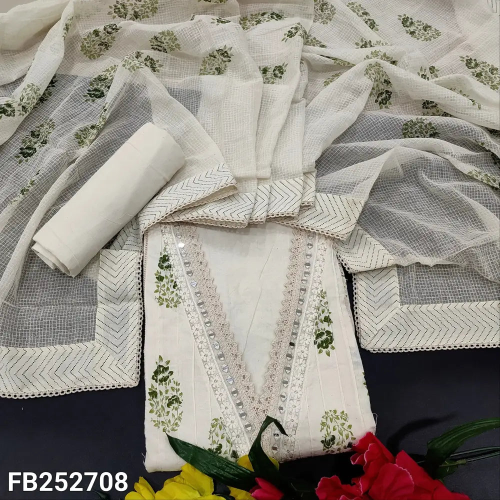 CODE FB252708: Half white GREEN block printed premium cotton unstitched salwar material collared v neck with real