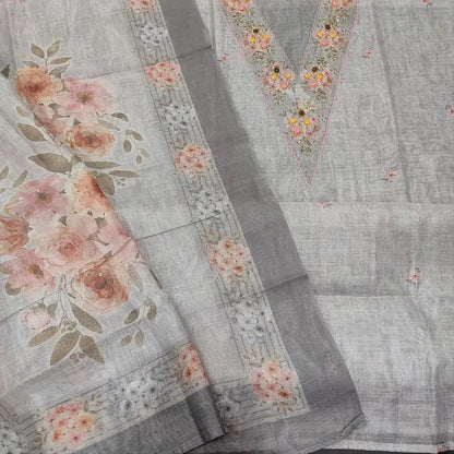 Silver grey printed tissue silk cotton salwar material ap250209-Neidhal