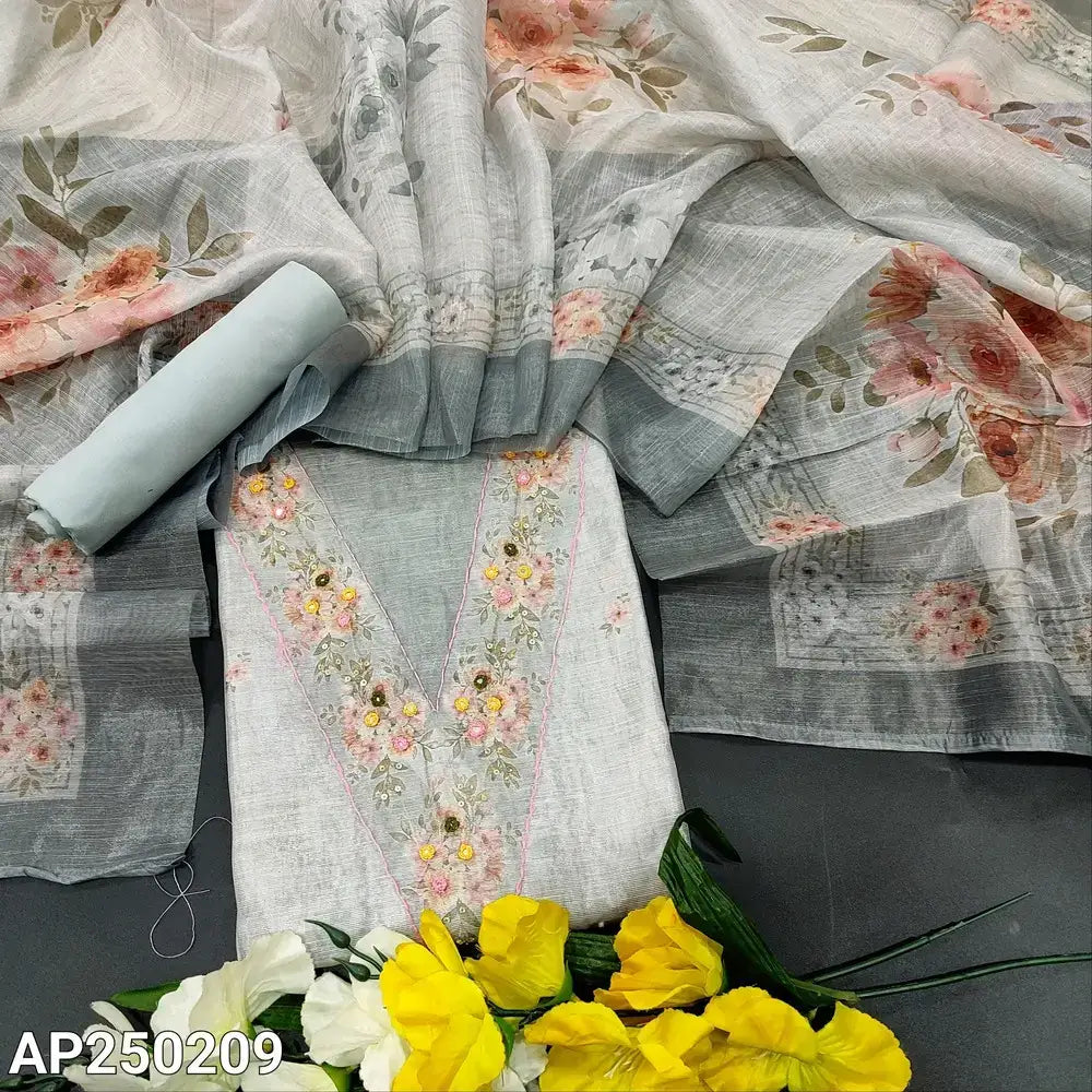 Silver grey printed tissue silk cotton salwar material ap250209-Neidhal