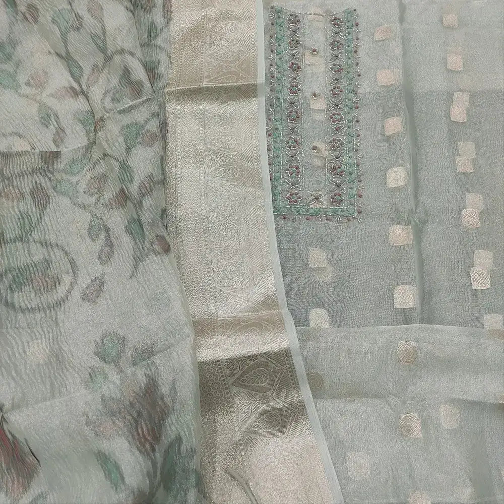 Silver grey tissue organza salwar material mr252403-Neidhal