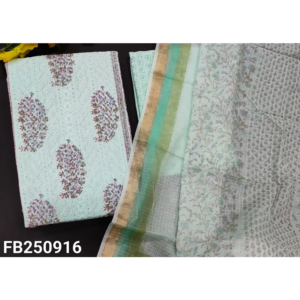 CODE FB250916: Sky blue chikankari embroidered premium cotton unstitched salwar material panel pattern on front(lining