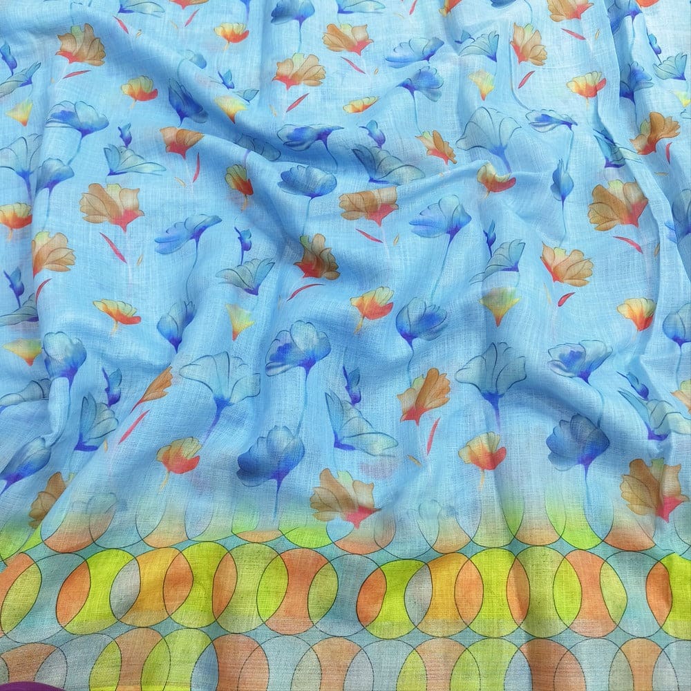 Sky blue floral printed fancy semi linen saree ns153-Neidhal