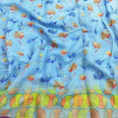 Sky blue floral printed fancy semi linen saree ns153-Neidhal
