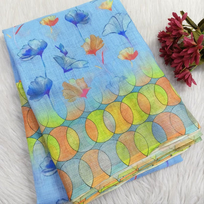 Sky blue floral printed fancy semi linen saree ns153-Neidhal