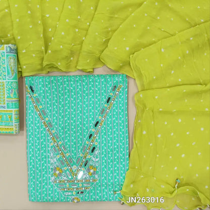 Designer turquoise green block printed pure cotton unstitched salwar material (lining optional)thread embroidery,sugar bead &real mirror work on yoke,block printed cotton bottom,bandhini dye & dyed pure chiffon short width dupatta. JN263016