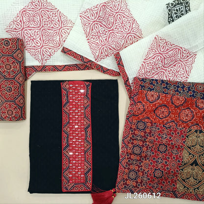 Black dobby cotton unstitched salwar material,ajrak &real mirror work on yoke,self weaving design(RED)(lining needed)ajrak block printed cotton bottom, block printed kota dupatta with applique patch work on pallu. JL260612