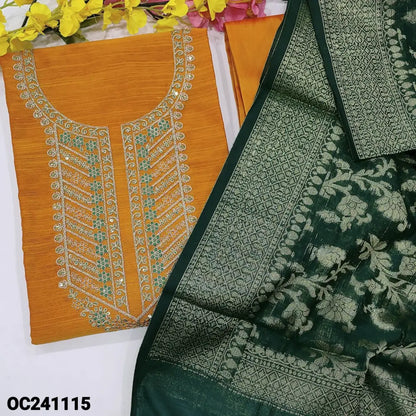 CODE OC241115: Orange slub silk cotton unstitched salwar material rich zari& sequins work on yoke(thin fabric lining