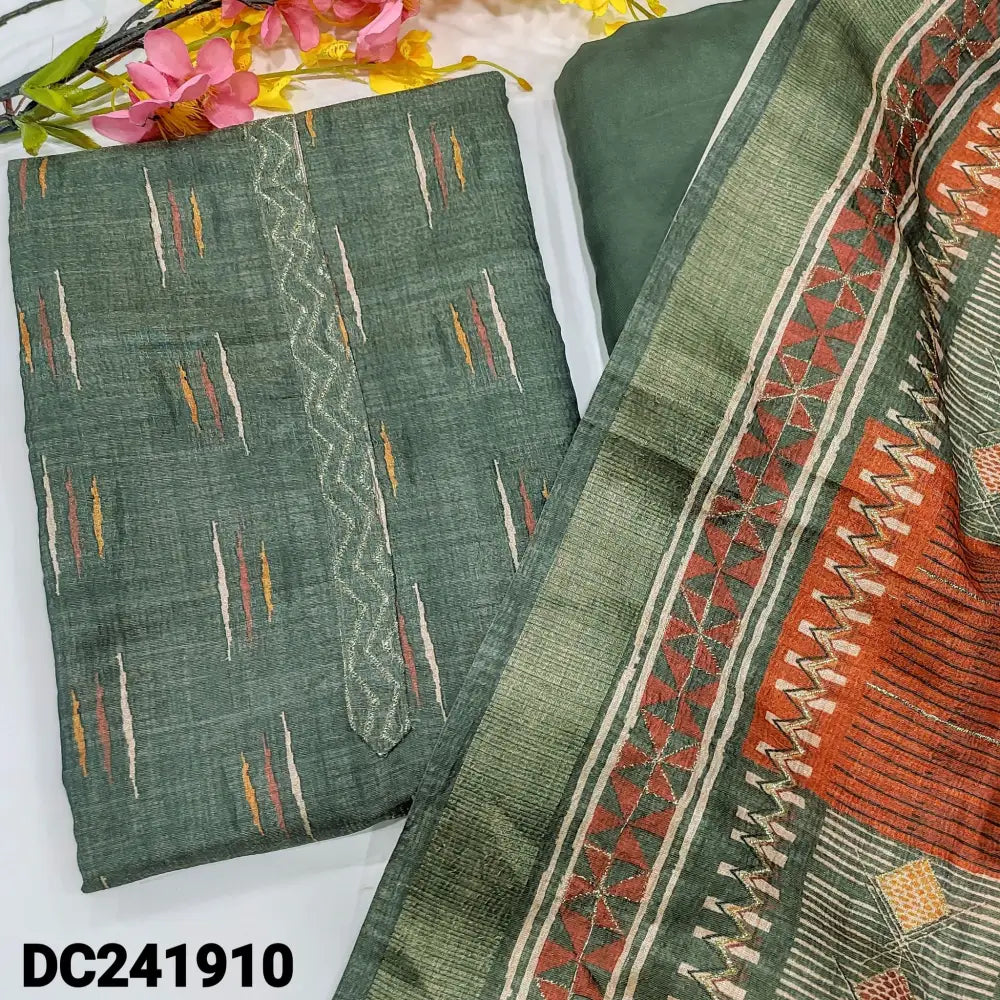 CODE DC241910: Greenish grey digital printed crinkled tissue silk cotton unstitched salwar material zari work