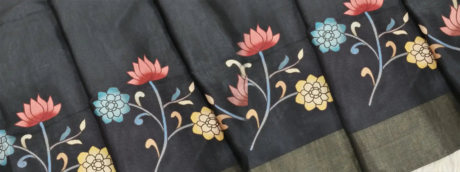 Black Digital Printed Silk Cotton Saree with Gold Tissue Borders