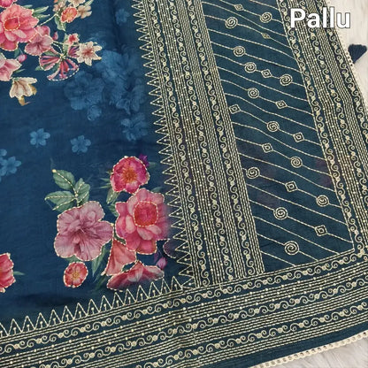 Teal blue designer digital printed soft silk cotton saree ns103-Neidhal