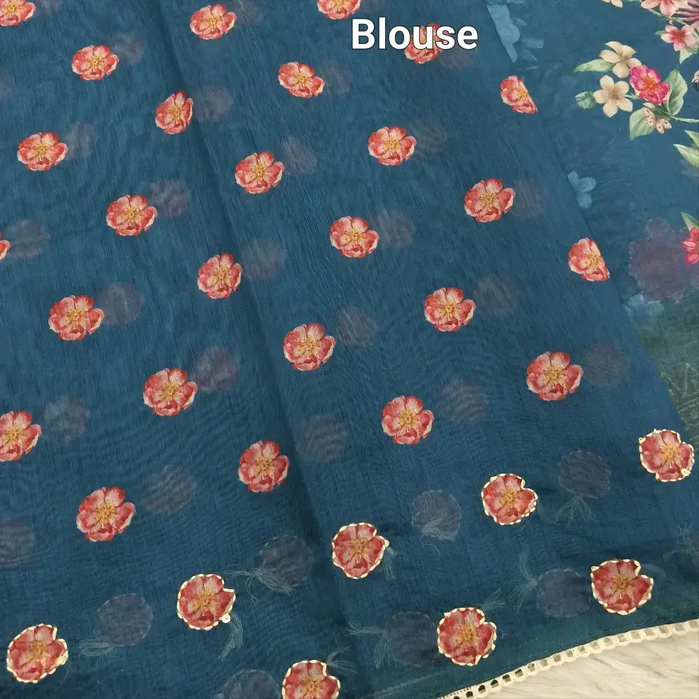 Teal blue designer digital printed soft silk cotton saree ns103-Neidhal