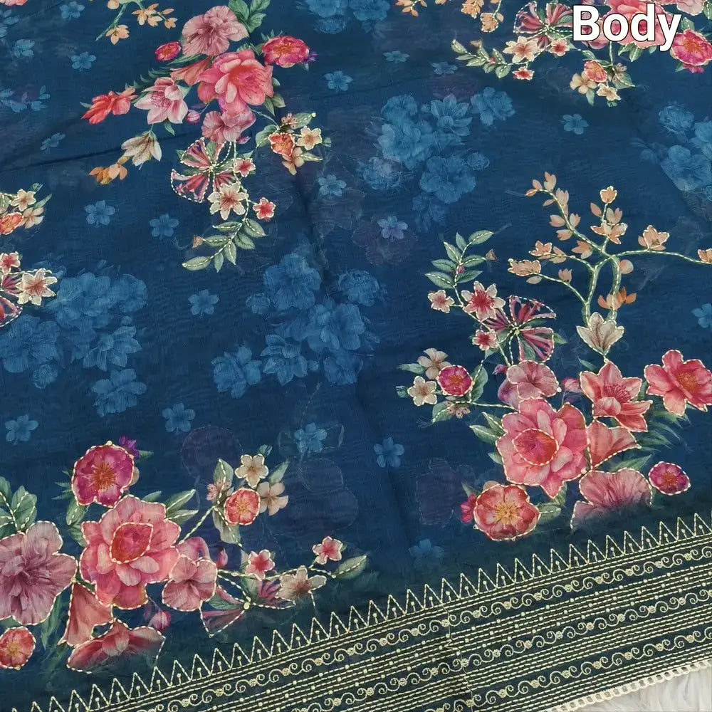 Teal blue designer digital printed soft silk cotton saree ns103-Neidhal