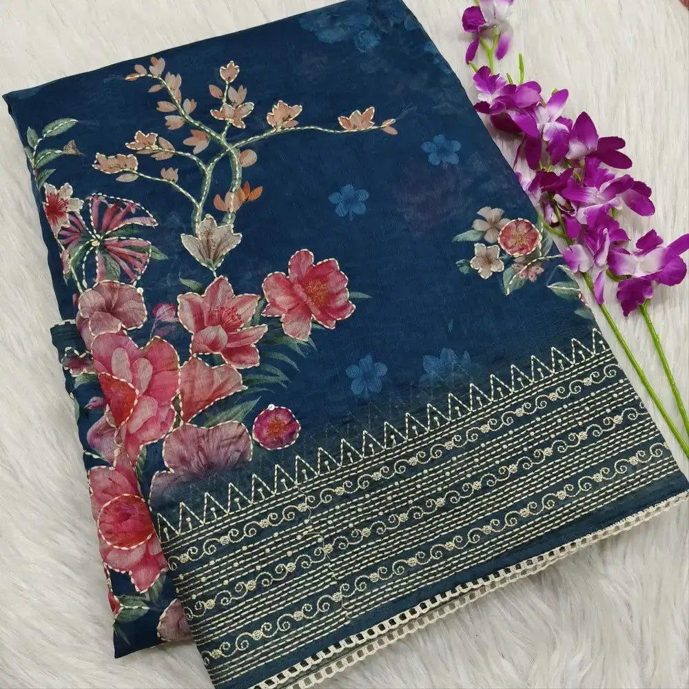 Teal blue designer digital printed soft silk cotton saree ns103-Neidhal