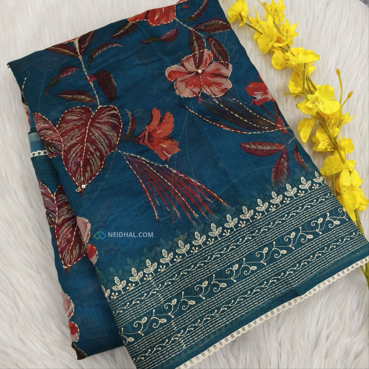 Teal blue designer digital printed soft silk cotton saree ns54-Neidhal