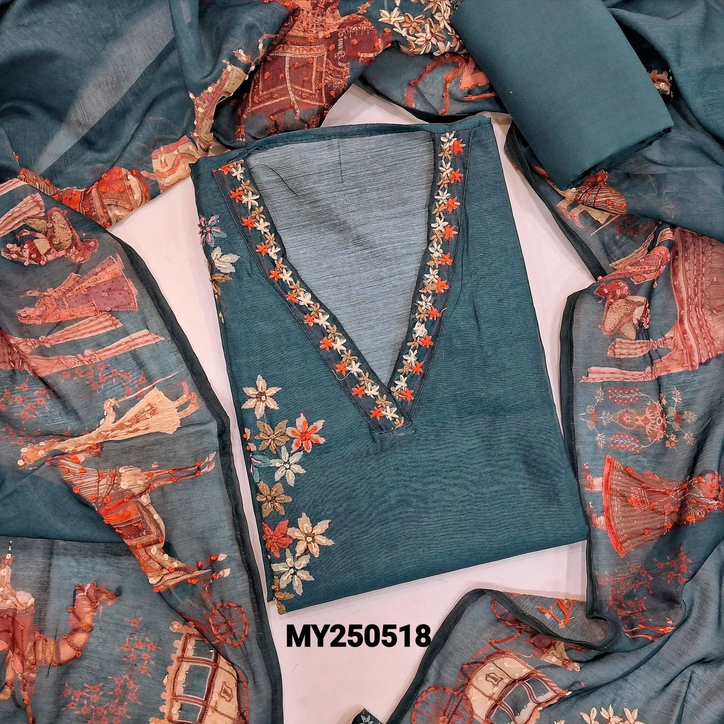 Teal blue digital printed silk cotton salwar material my250518-Neidhal