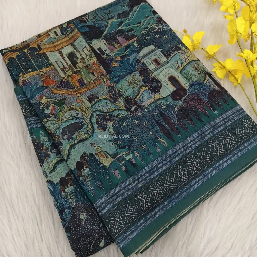 CODE NS20: Light teal blue shade digital printed silk cotton saree(thin& light weight)striped pattern pallu zigzag