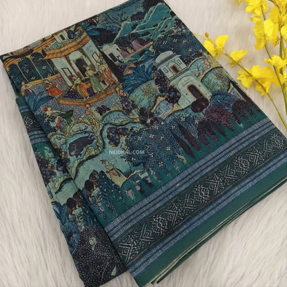 CODE NS20: Light teal blue shade digital printed silk cotton saree(thin& light weight)striped pattern pallu zigzag