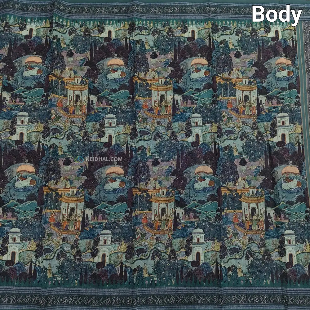 CODE NS20: Light teal blue shade digital printed silk cotton saree(thin& light weight)striped pattern pallu zigzag