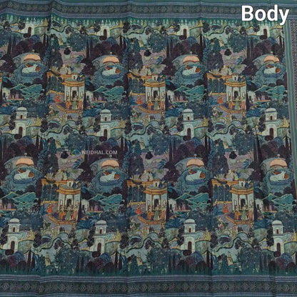CODE NS20: Light teal blue shade digital printed silk cotton saree(thin& light weight)striped pattern pallu zigzag