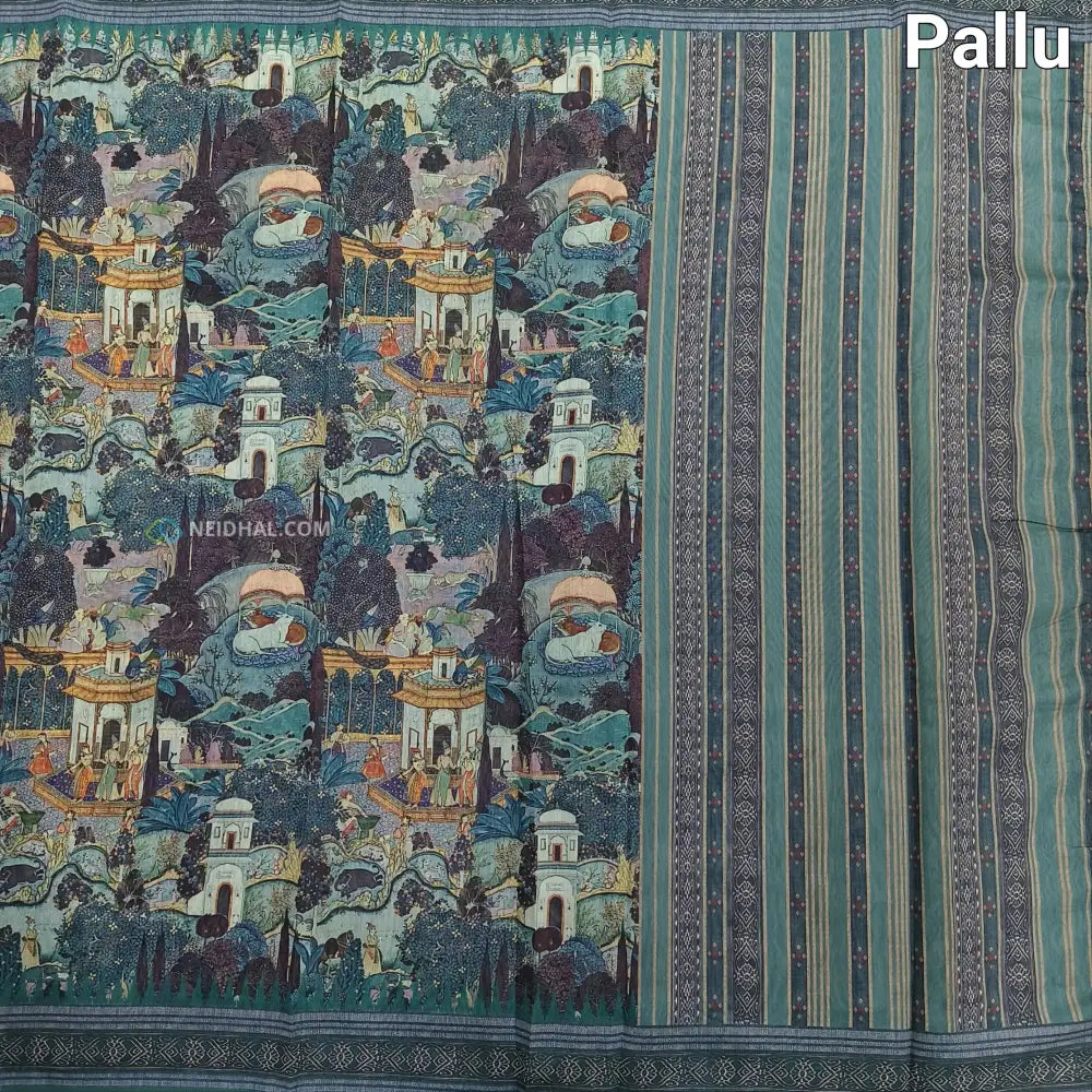 CODE NS20: Light teal blue shade digital printed silk cotton saree(thin& light weight)striped pattern pallu zigzag