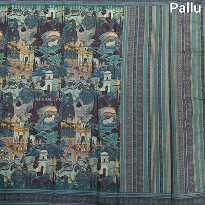CODE NS20: Light teal blue shade digital printed silk cotton saree(thin& light weight)striped pattern pallu zigzag