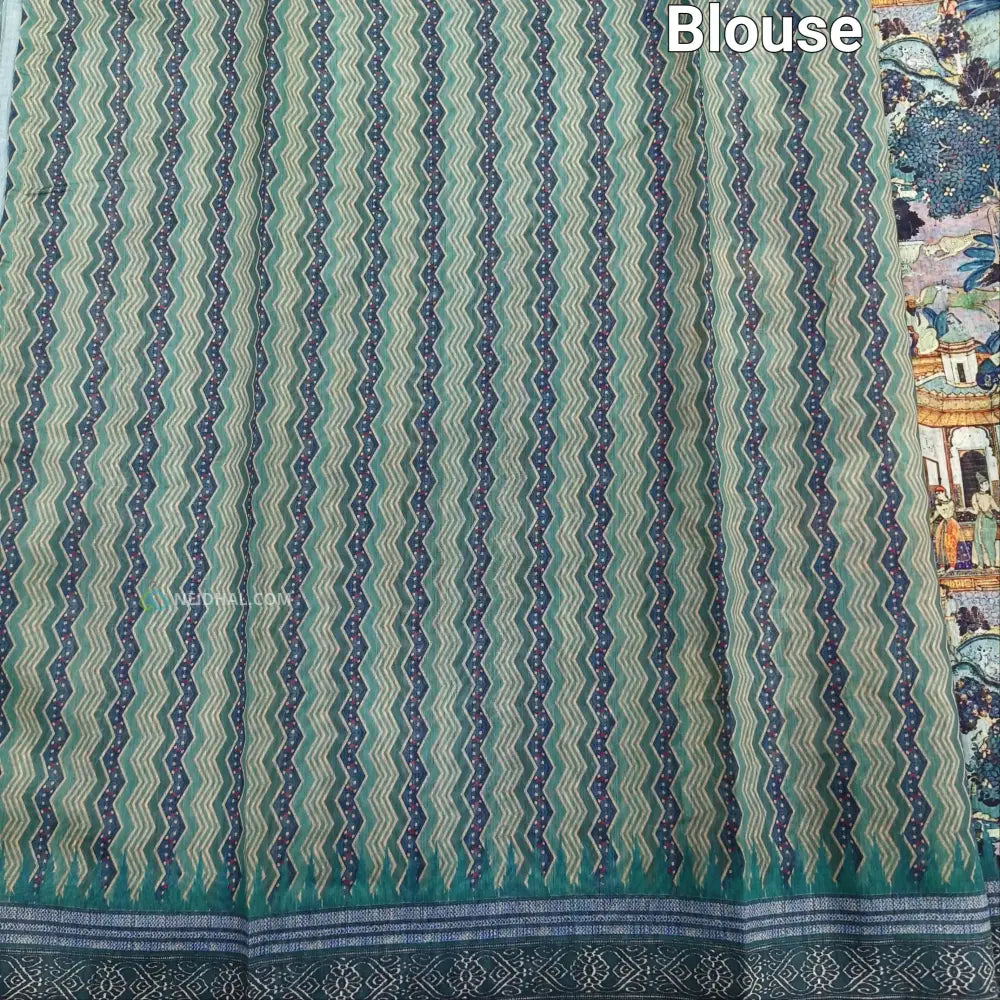 CODE NS20: Light teal blue shade digital printed silk cotton saree(thin& light weight)striped pattern pallu zigzag