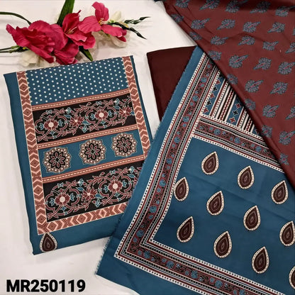 CODE MR250119: Dark teal blue fancy soft silk cotton unstitched salwar material(soft fabric lining needed)maroon spun