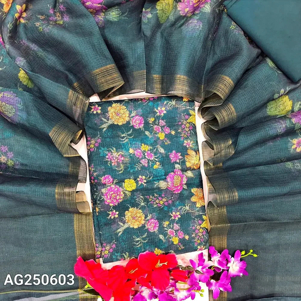 Teal blue floral printed fancy kota silk cotton salwar material ag250603-Neidhal