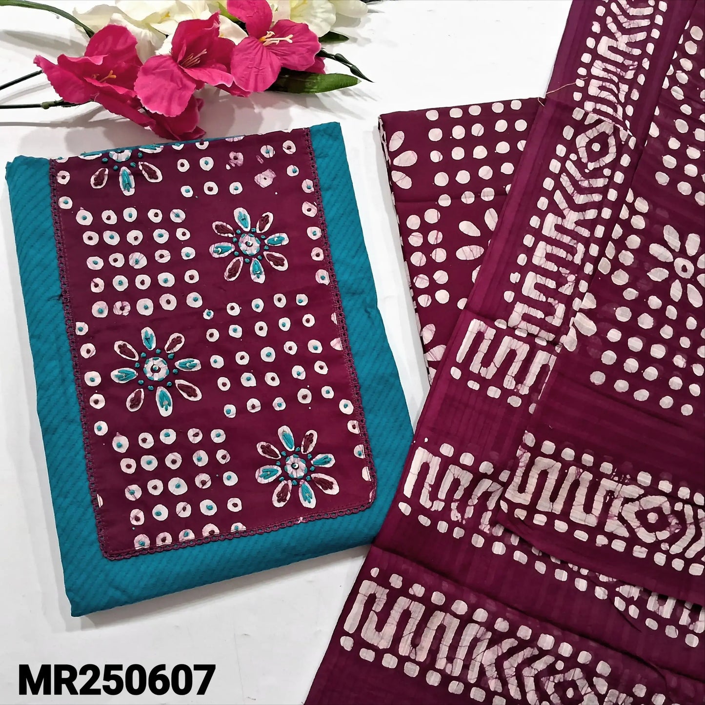 Teal Blue Jakard Cotton Salwar Material - Batik Dyed Set | Neidhal