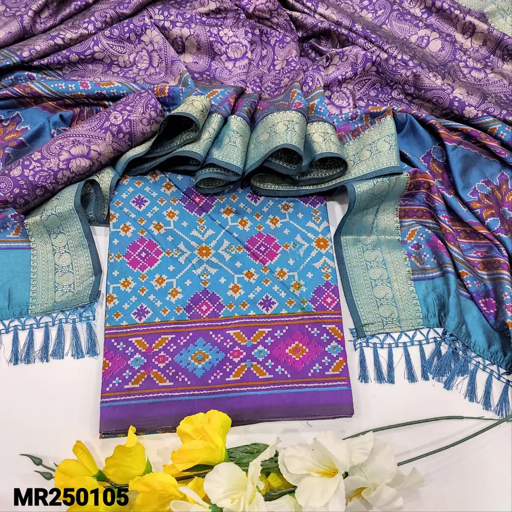 CODE MR250105: Teal blue patola printed fancy silk cotton unstitched salwar material(thin fabric lining needed)purple