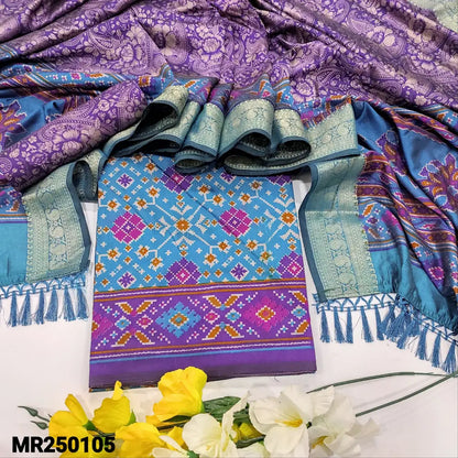 CODE MR250105: Teal blue patola printed fancy silk cotton unstitched salwar material(thin fabric lining needed)purple