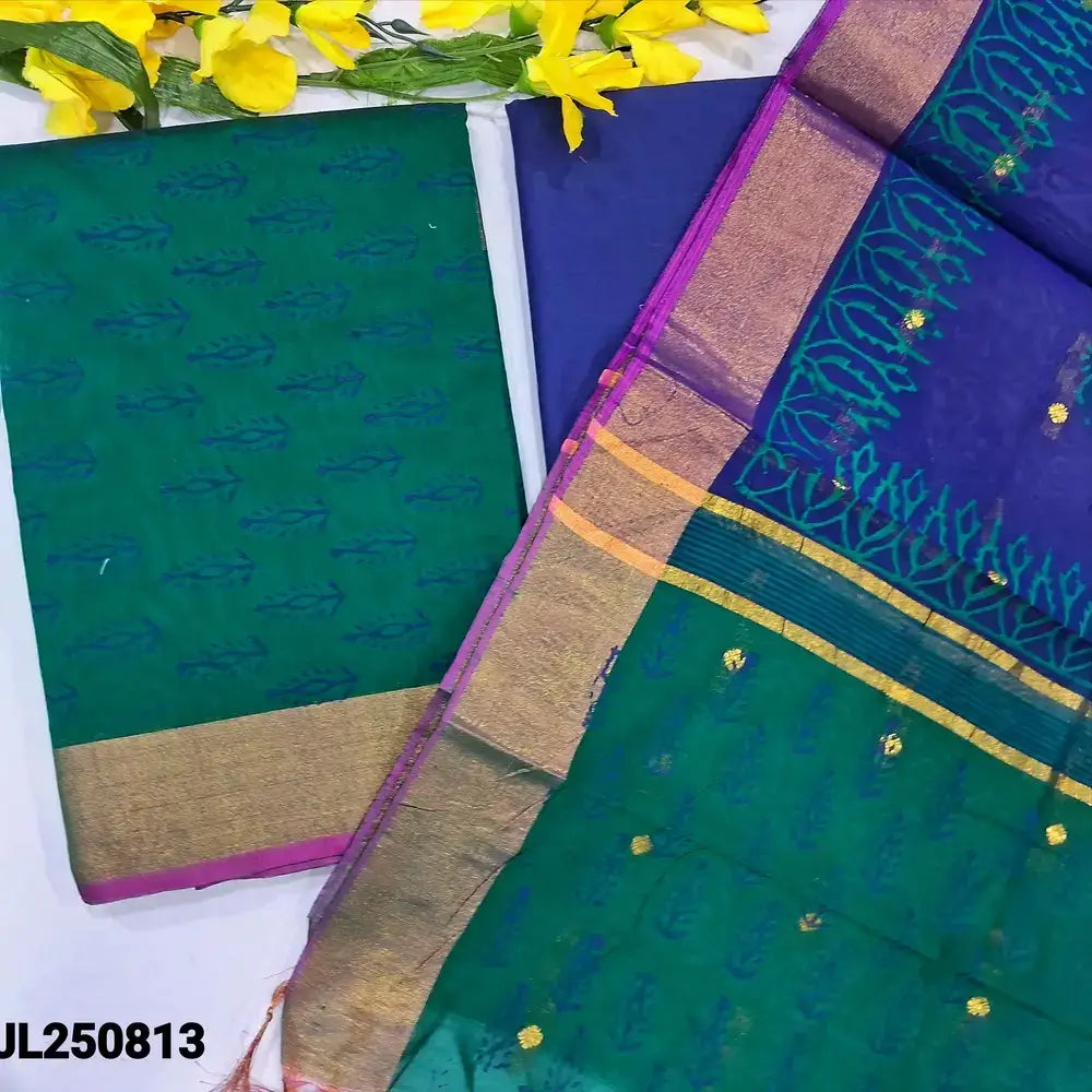 Teal green block printed fancy silk cotton salwar material jl250813-Neidhal