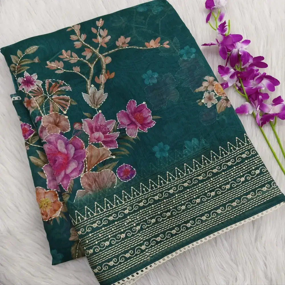 Teal green designer digital printed soft silk cotton saree ns101-Neidhal