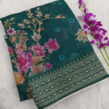 Teal green designer digital printed soft silk cotton saree ns101-Neidhal