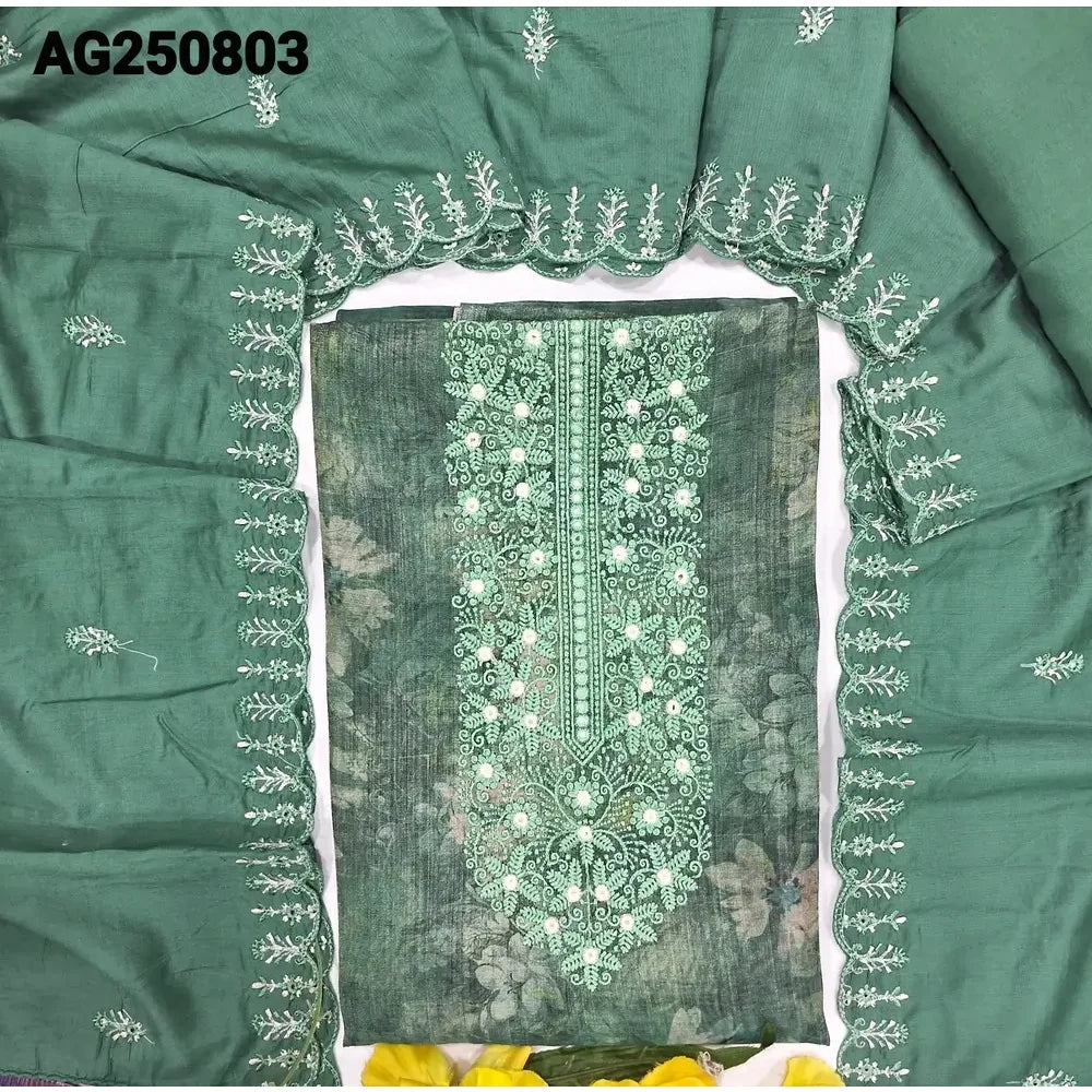 Teal green floral printed tissue silk cotton salwar material ag250803-Neidhal