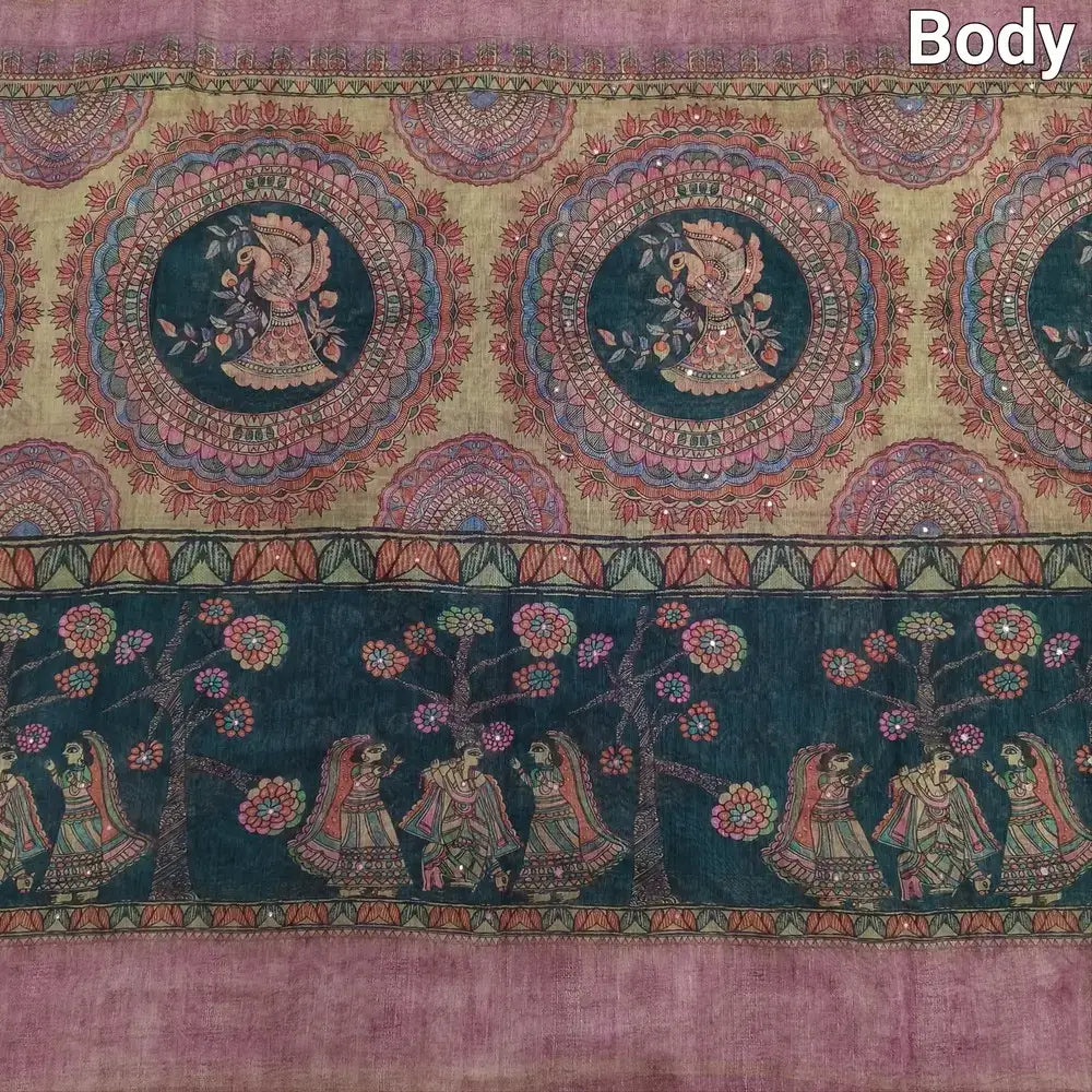 Teal green pink slub silk cotton saree ns118-Neidhal