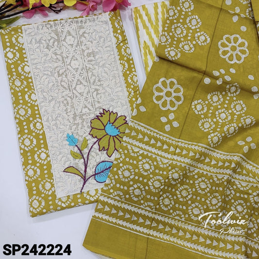 CODE SP242224 : Mehandhi green printed soft cotton unstitched salwar material, embroidered on yoke(lining optional)zigzag printed cotton bottom, printed pure mul cotton full length dupatta with lace tapings.