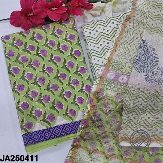 CODE JA250411 : Bright green hand block printed premium cotton unstitched salwar material(lining needed)zigzag printed cotton bottom, hand block printed kota cotton dupatta.