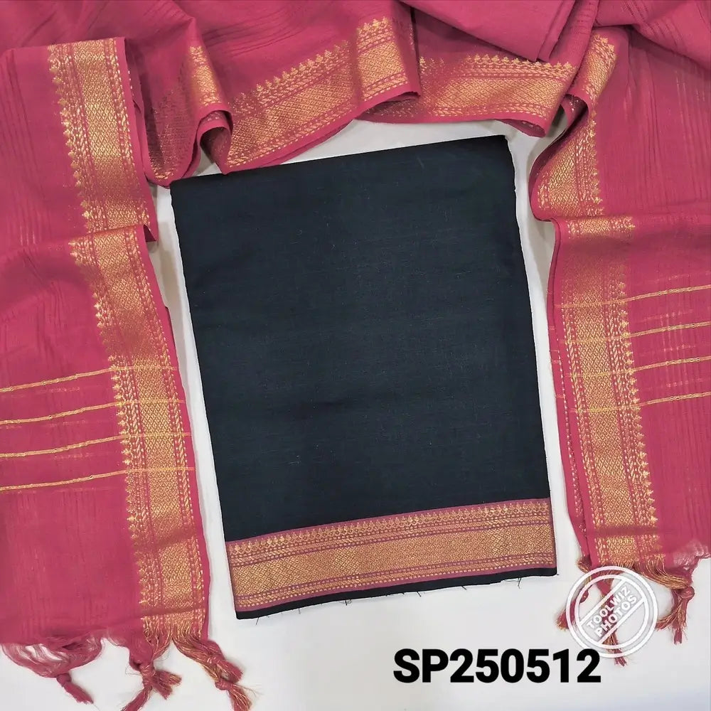 Black mangalgiri pure handloom cotton unstitched salwar material(lining optional)red pure cotton bottom, handloom cotton dupatta with zari woven borders. CODE SP250512