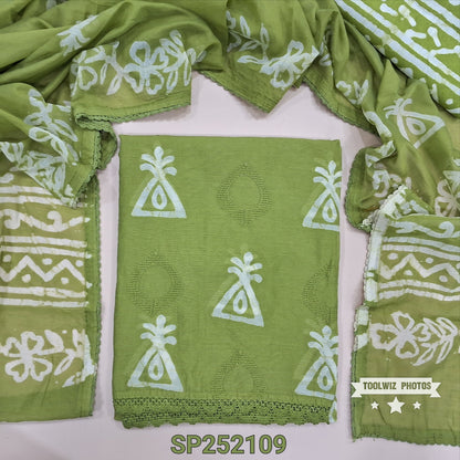 Mossy green Batik dyed fancy silk cotton unstitched salwar material, batik dye and embroidery work on front(lining needed) batik dyed santoon bottom and fancy silk cotton dupatta. SP252109
