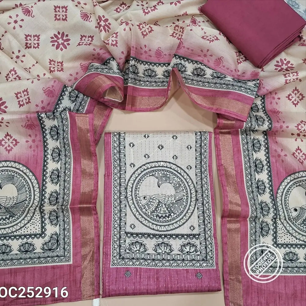 Pink digital printed silk cotton unstitched salwar material,(thin, lining needed) madhubani print on yoke, zari lines allover, matching silky bottom, madhubani printed silk cotton dupatta. OC252916