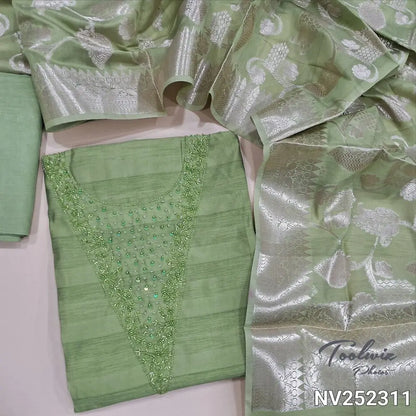Light Green fancy silk unstitched salwar material, cut bead and sugar bead detailing on yoke (Soft, Silky Lining Needed) Matching santoon bottom, fancy banarasi zari woven dupatta. NV252311