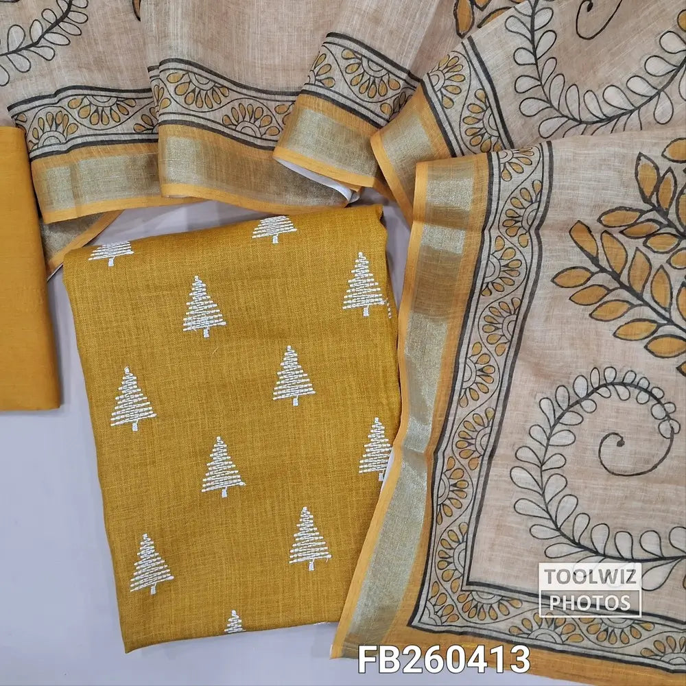 Mehandhi Yellow semi linen unstitched salwar material, embroidery on front (Textured, lining optional) matching santoon bottom, digital printed semi linen dupatta with tissue borders. FB260413