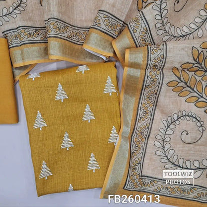 Mehandhi Yellow semi linen unstitched salwar material, embroidery on front (Textured, lining optional) matching santoon bottom, digital printed semi linen dupatta with tissue borders. FB260413