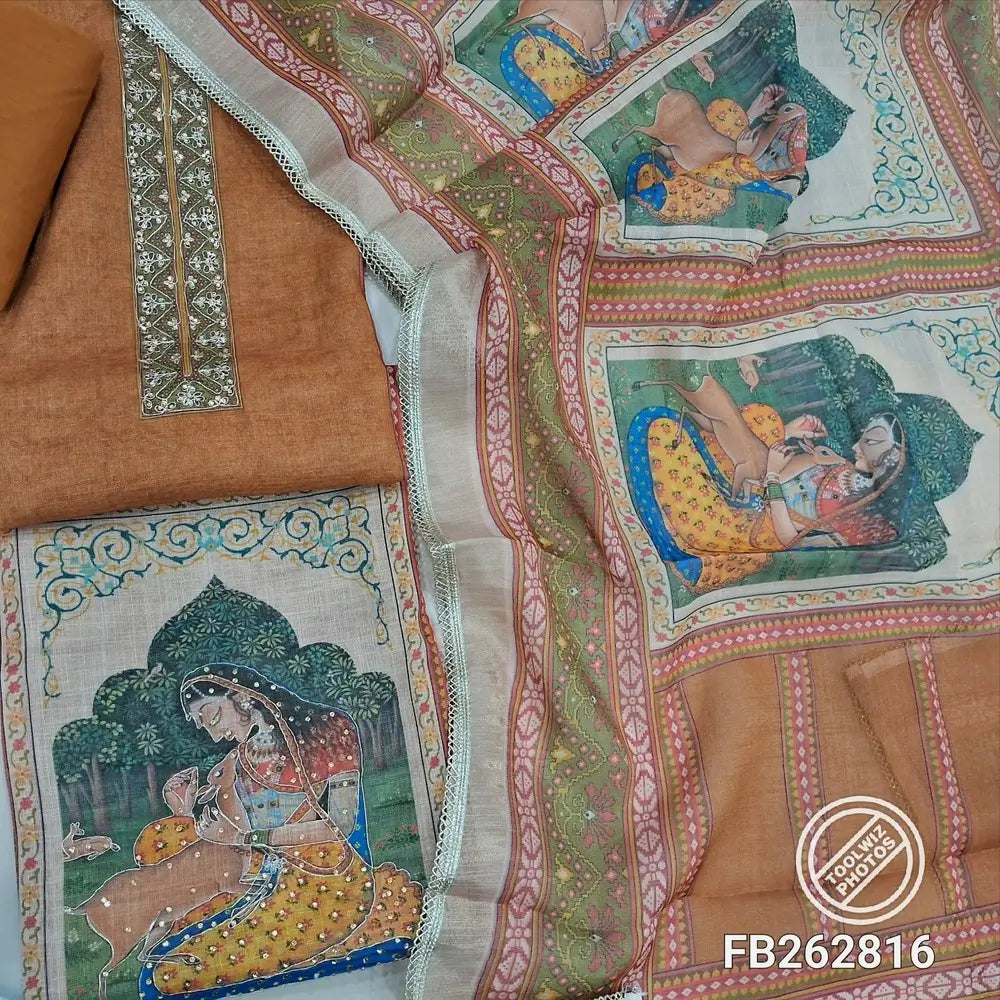 Rust orange with golden tint tissue linen unstitched salwar material, sequins work on yoke,digital printed daman,panel design,(thin, lining needed) matching cotton bottom, digital printed tissue linen dupatta with lace tapping. FB262816