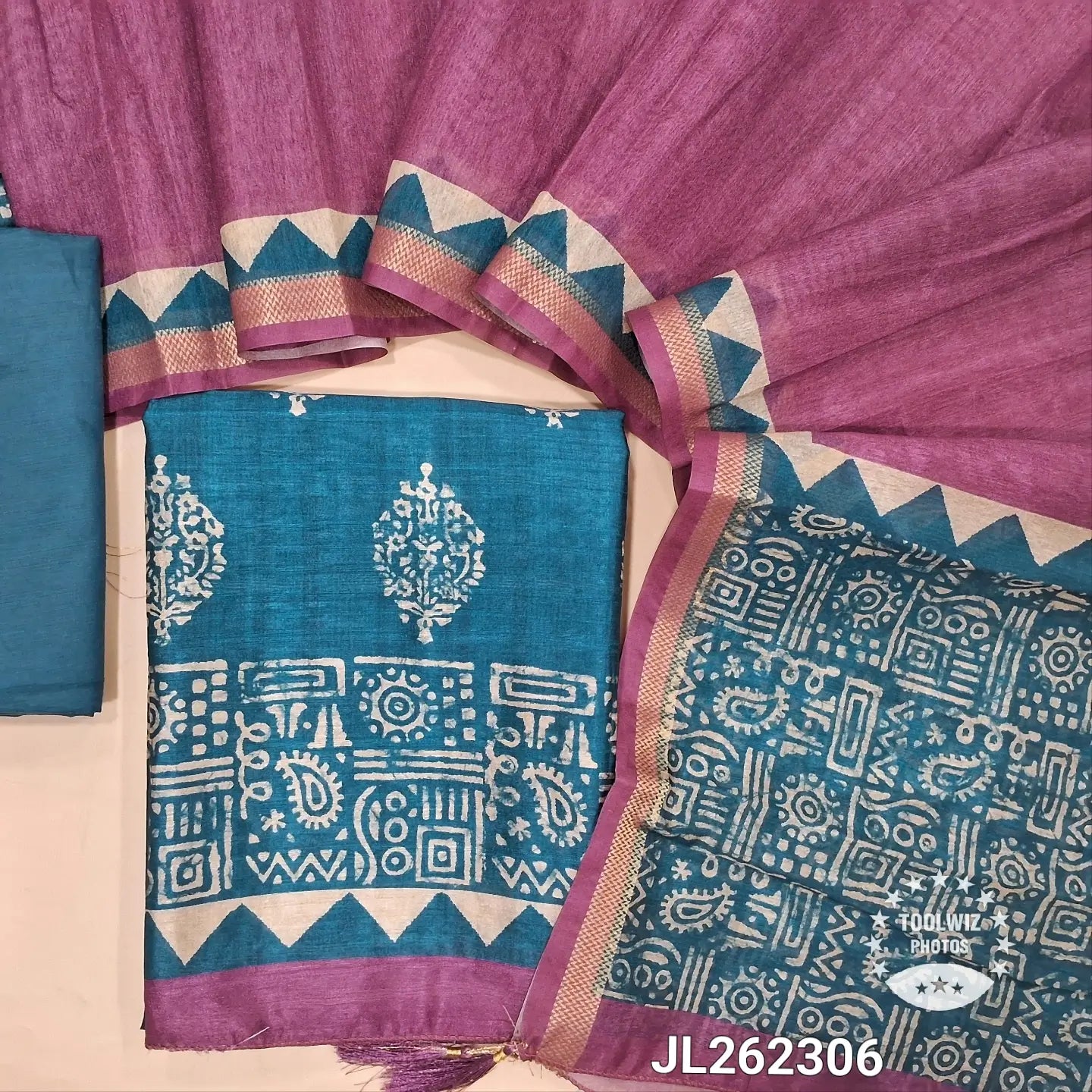 Teal blue block printed premium semi tussar unstitched salwar material (Lining needed) silky bottom,premium semi tussar dupatta with zari woven borders. JL262306