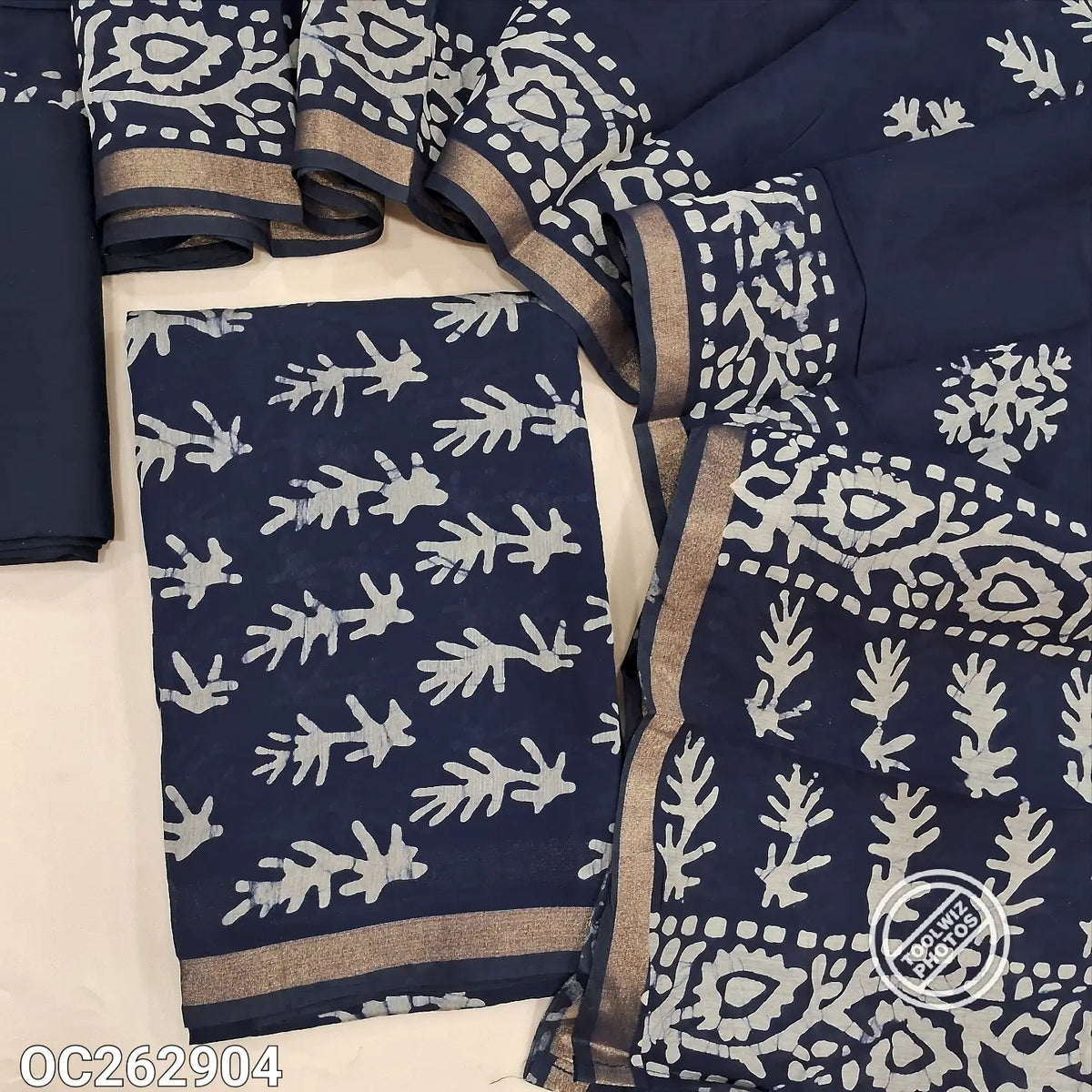 Dark blue digital printed silk cotton unstitched salwar material (Thin, Lining Needed)matching spun cotton bottom, silk cotton printed dupatta with thin gold tissue borders. OC262904