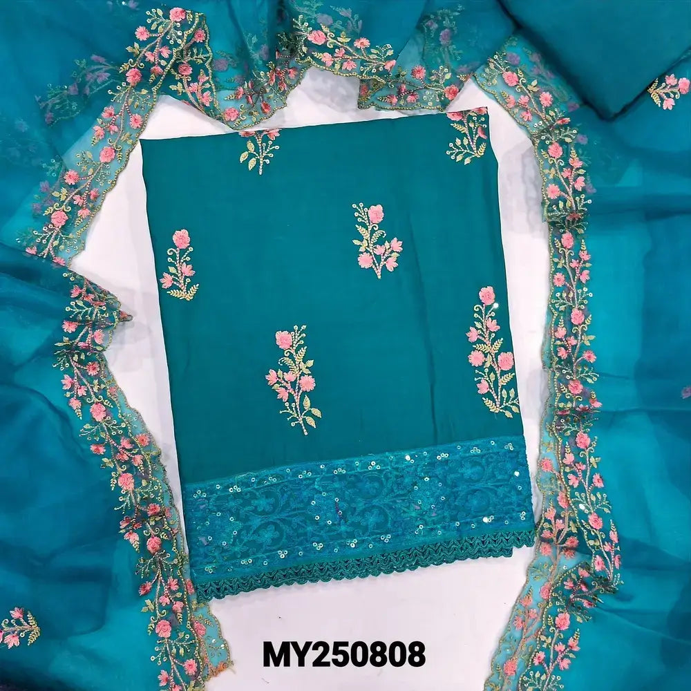 Turquoise blue embroidered fancy silk cotton salwar material my250808-Neidhal